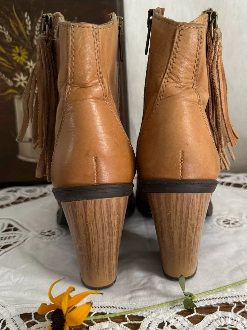 Pikolinos Leather Ankle Boots 38 US 7.5 8 Camel Tassel Boho Block Heel Boot